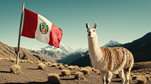 Llama posing near Peruvian flag in Andean highlands. National animal of Peru with countrys red and white banner. Symbol of South American heritage and wildlife conservation.