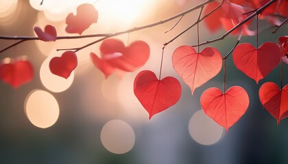 red heart shaped leaves hanging delicately on branches with soft bokeh background creating