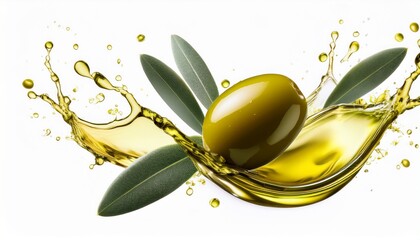 olive oil splash with olive and leaves isolated on white