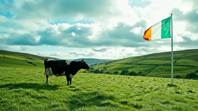 Cow standing beside Irish flag on green hillside. National animal symbol and country emblem in rural Ireland landscape with rolling hills and cloudy sky.