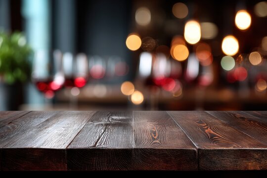 Rustic Tabletop: A warm, inviting wooden tabletop, perfect for displaying products or creating ambiance, stands in a restaurant setting.