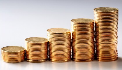 stacks of shiny gold coins arranged in varying heights on a plain white surface