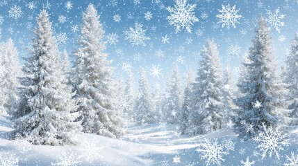 Naklejka premium Deep snow covers evergreen trees during a heavy fall of stylized white flakes