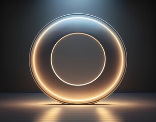 glowing double circle lit at base on seamless white backdrop