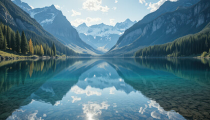 Calm lake reflecting mountains and forest scenery