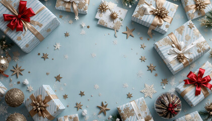 Festive christmas gift boxes with gold decorations on a blue background