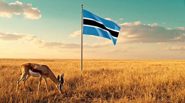 Springbok grazing in savanna near waving flag. National animal symbolizing Botswana in golden field landscape.