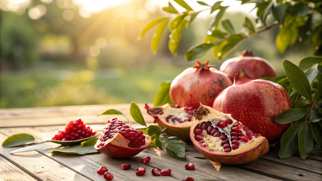 Fresh pomegranates on wooden table healthy fruit antioxidant rich food diet - Powered by Adobe