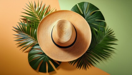 embrace summer vibes with a stylish straw hat surrounded by vibrant tropical leaves