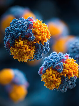 virus or nanoparticle AAV capsid, showing complex molecular structure with blue and orange surface proteins. Themes of microbiology, virology, biotechnology, gene therapy, vaccine research