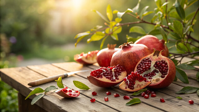 Fresh pomegranates on wooden table in garden healthy fruit antioxidants seeds