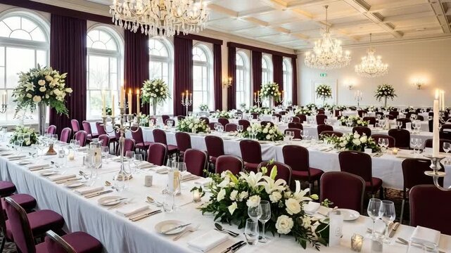 Elegant dining hall set for event with floral decorations and chandeliers  , Elegant banquet setup in spacious hall, camera orbits around table, warm lighting and festive vibe
