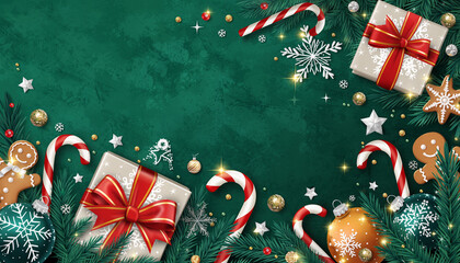 un regalo dorado con un gran lazo rojo en el centro, rodeado de bastones de caramelo, bolas navideñas brillantes, galletas de jengibre, copos de nieve y ramas de abeto sobre un fondo verde texturizado
