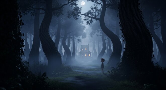 Mysterious night scene featuring a boy looking at a house with glowing windows in a spooky forest under a full moon perfect for Halloween and scary stories