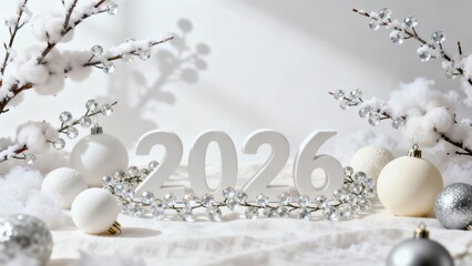 A Festive Winter Display Featuring the Year 2026 Surrounded by Elegant Ornaments and Frosted Branches in a Serene Holiday Setting