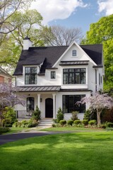 Obraz premium Elegant modern home with classic charm surrounded by vibrant greenery and blooming flowers in a peaceful neighborhood during sunny weather