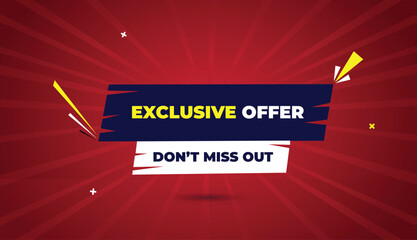 exclusive offer web banner vector art template design badge icon label deep blue white shapes yellow bold text dark red light sun shine abstract business background modern creative layout eye catching