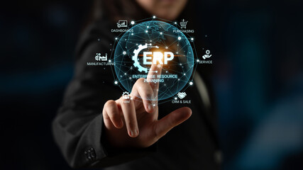 ERP platform visual showing centralized system for enterprise resource planning, improving integration, data flow, business efficiency, finance, inventory, and human resources. Spline