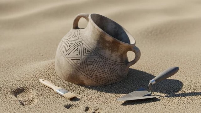 Ancient pottery artifact with tools on sandy surface  , Archaeological artifact on sand, camera zooms in, neutral daylight and sense of discovery