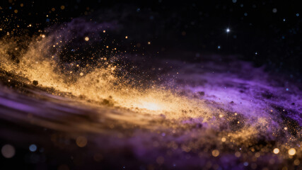 Fototapeta premium A vibrant cosmic swirl of golden and purple gas and dust in a distant galaxy. Tiny sparkling stars twinkle in the vastness, creating a mesmerizing astronomical view