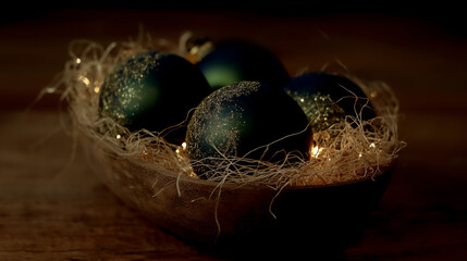 dark emerald christmas ornaments resting in warm straw nest with soft golden festive glow