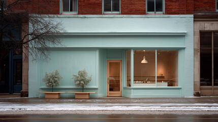 Winter facade of a small local shop with mint painted walls frosted trees display window and warm interior lighting concept of small business retail branding