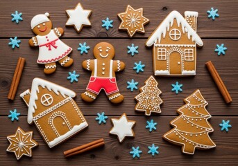 A festive overhead view of delicious homemade gingerbread cookies, including gingerbread men, houses, trees, and stars, arranged on a rustic wooden background with cinnamon sticks and blue snowflakes