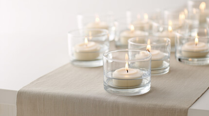 Soft glowing candles in clear glass cups on beige linen runner creating warm serene holiday ambiance