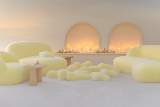 Modern christmas interior in butter yellow with soft furniture and warm candles