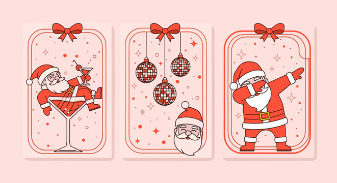 Modern christmas vector illustrations. playful santa claus designs: santa in a martini glass, dabbing, and festive disco balls.
