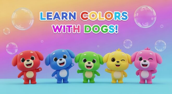 Adorable colorful dogs teaching colors in a fun, educational scene ideal for children's books, vibrant learning materials, and engaging educational resources
