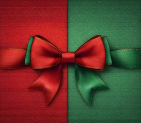 Christmas concept with background with satin bow on split red and green gift wrap.