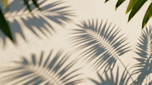 Shadows of palm leaves cast on a textured wall, creating a serene backdrop for relaxation and creativity