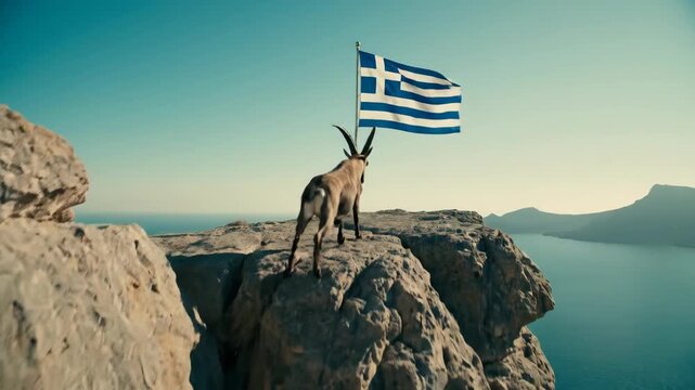 Goats standing with greek flag on rocky cliff. National animal of greece posing near blue and white banner. Wild goats overlooking coastal sea landscape.
