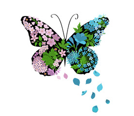 Abstract butterfly wing with flowers. Hand drawn. Not AI, vector illustration.