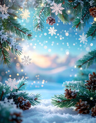 Snow-covered spruce branches are adorned with golden snowflakes and soft lights. Warm bokeh lights shimmer in the background, creating a wintry, magical holiday atmosphere.