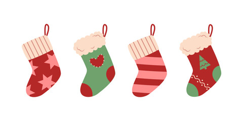 Set of different Christmas socks. Traditional decorative element. Vector elements on a white background.