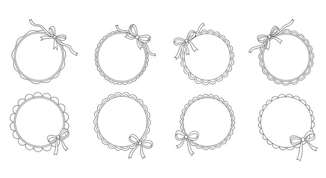 Set of eight elegant outline circular frames with decorative scalloped edges and charming bows, ideal for vintage labels, badges, and emblems, on a clean background.