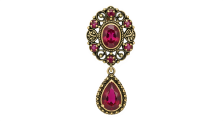 Vintage ornate goldtoned pendant with red gemstones, oval and teardrop design, isolated on white isolated on transparent background