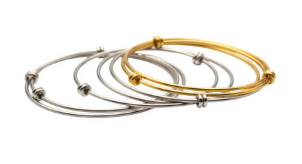 Adjustable gold and silver bangles, elegant jewelry accessories isolated on transparent background