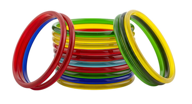 A vibrant stack of multicolored glass bangles with two additional bangles, isolated on transparent background - Powered by Adobe