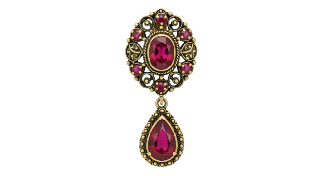 Vintage ornate goldtoned pendant with red gemstones, oval and teardrop design, isolated on white isolated on transparent background
