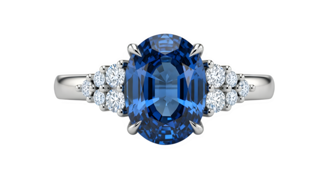Elegant blue sapphire and diamond ring, set in white gold, isolated on transparent background