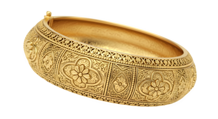 Ornate gold bangle with intricate traditional design, isolated on transparent background