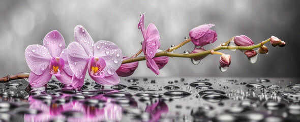 An orchid with delicate pink petals and a yellow core is decorated with raindrops