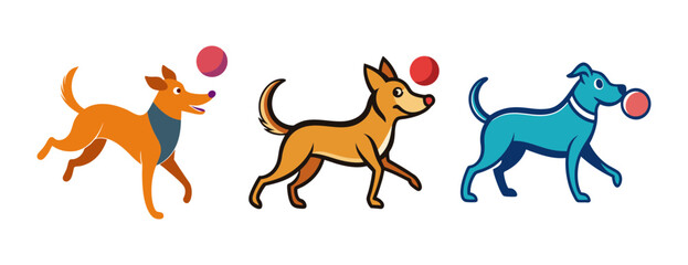 Obraz premium Three dogs playing fetch with red balls in cartoon style