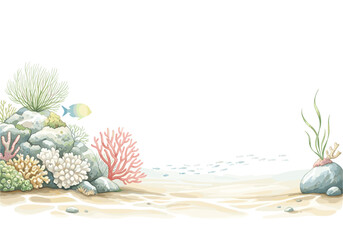 A vibrant underwater watercolor illustration showcasing diverse marine life, colorful corals, rocks, and a school of fish on a sandy seabed, providing ample copy space.
