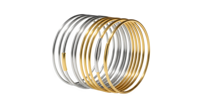 Stack of elegant gold and silver metal bangles, a classic jewelry accessory, isolated on transparent background