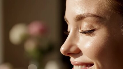 Natural beauty closeup reveals captivating eyes and radiant skin, ideal for skincare and makeup product promotion offering elegant, fresh, modern appeal