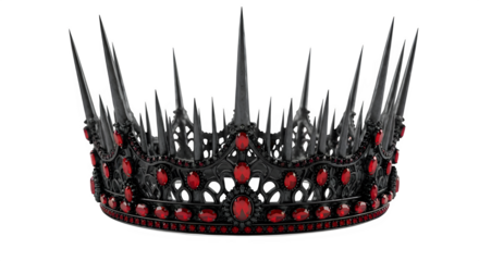 Gothic black crown with sharp spikes and red rubylike jewels, isolated on transparent background